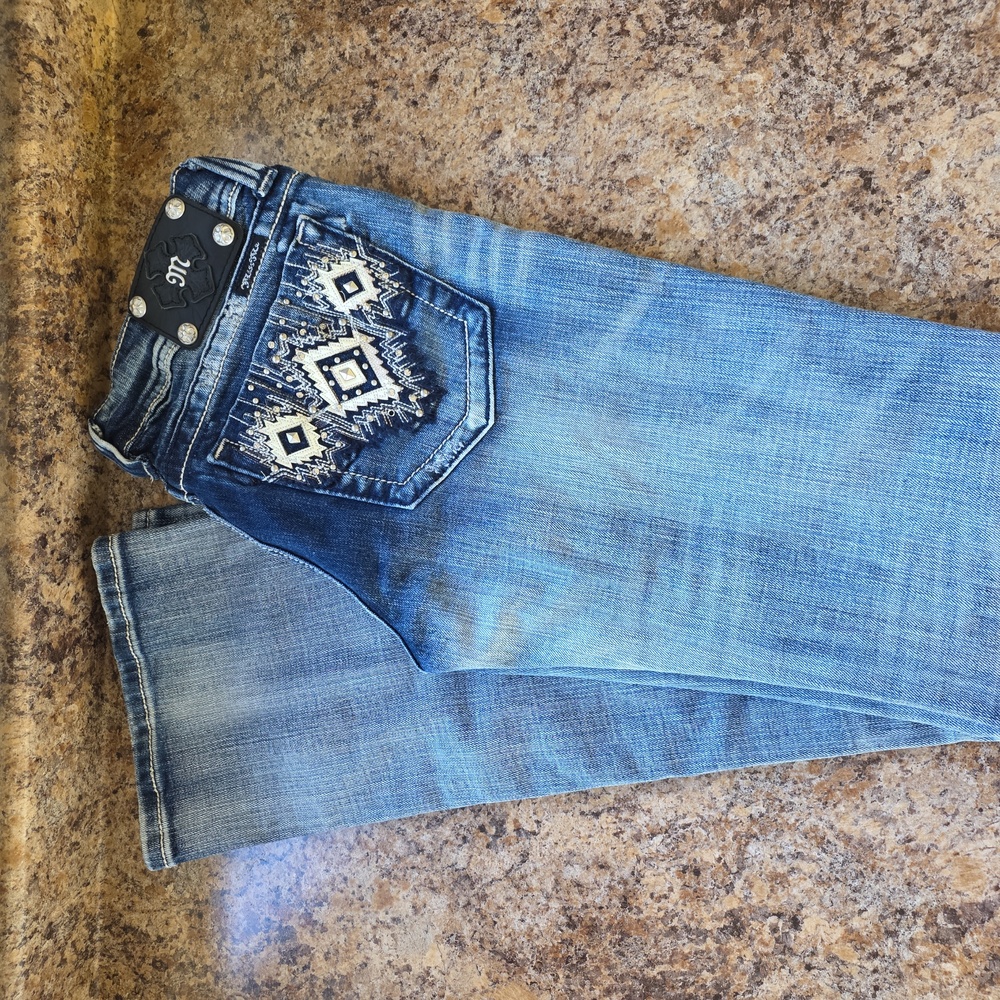 Miss Me Diamond Rhinestone Faded Out Boot Blue Jeans